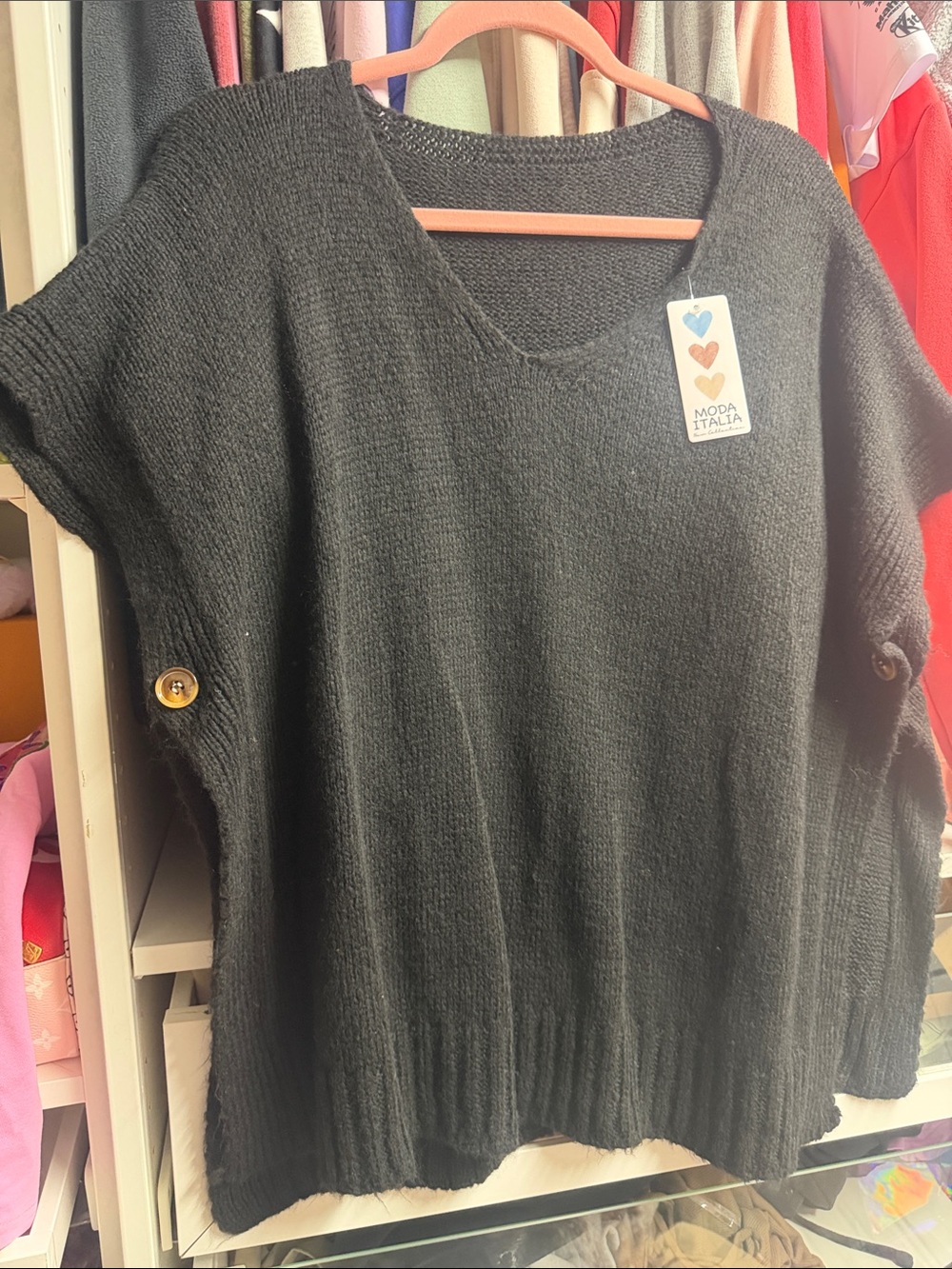 Black V-Neck Short Sleeve Knit Sweater with Side Button Detail